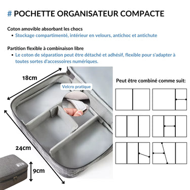 Pochette organisateur compacte avec dimensions 24x18x9 cm, compartiments modulables grùce à des séparateurs en velcro pratiques, idéale pour ranger accessoires électroniques ou cosmétiques.